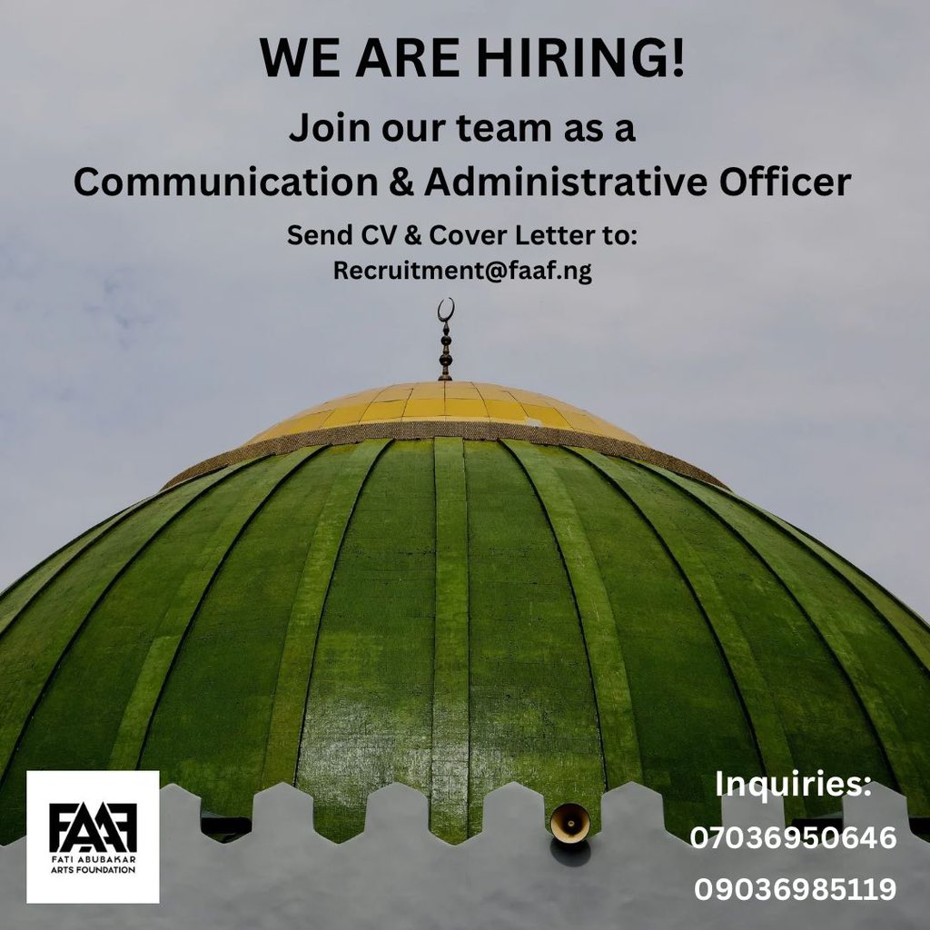 Join Our Team!!

We’re looking for a dynamic Communications and Administrative Officer to drive impactful communication strategies and streamline our operations. 

Qualified candidates should submit their CV &amp; Cover Letter to Recruitment@faaf.ng on or before 11th October 2024.