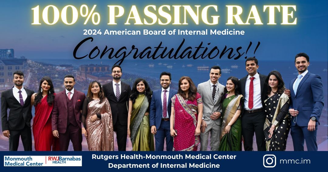 MMC_IMresidency's tweet photo. 4th year in a row!! 100% ABIM passing rate for our 2024 batch!!🤩 One of the only 2 IM programs in NJ with such consistency!! We are proud of each and every one of you!! Keep shining🩺

#ABIM #100percentpassing #consistancy #mmcim #monmouth #medicine #residency #MedTwitter https://t.co/rqFmgHrtUU