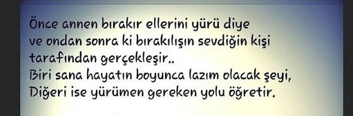 Önce annen bırakır ellerini yürü diye
ondan sonraki bırakılışın sevdiğin kişi tarafından gerçekleşir.
Biri sana hayatın boyunca lazım olacak şeyi
Diğeri ise yürümen gereken yolu öğretir.
#şiir