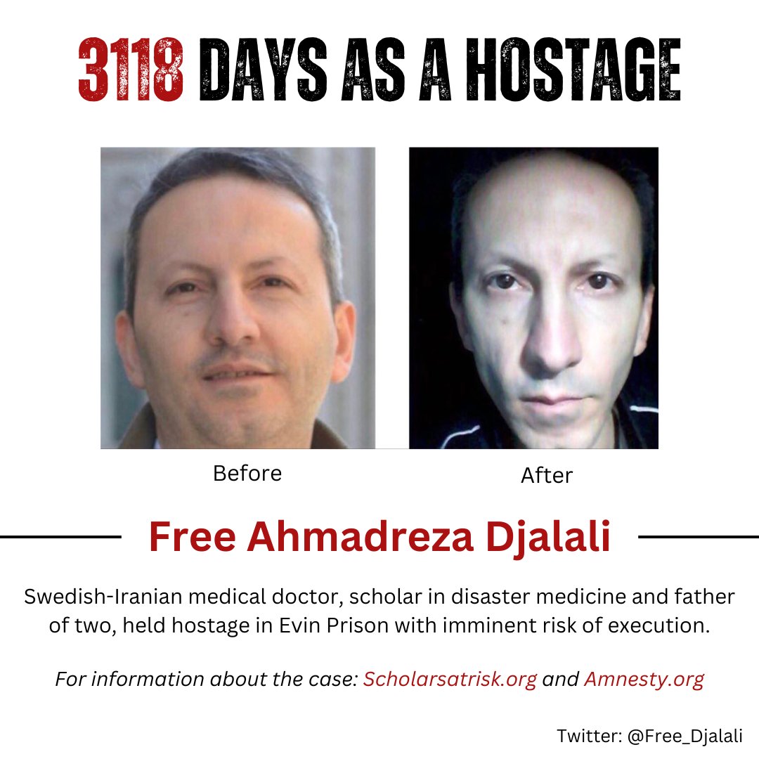 Freedom for Dr. Ahmadreza Djalali (@free_djalali) on Twitter photo Today marks 3118 days and over 8 years since Ahmadreza Djalali was taken hostage in Iran. He is under imminent risk of execution.
Join us in calling for action by Swedish FM <a href="/MariaStenergard/">Maria M Stenergard</a> and <a href="/SwedishPM/">Ulf Kristersson</a> to #BringDjalaliHome.
Read more about the case: scholarsatrisk.org/actions/ahmadr… Today marks 3118 days and over 8 years since Ahmadreza Djalali was taken hostage in Iran. He is under imminent risk of execution.
Join us in calling for action by Swedish FM <a href="/MariaStenergard/">Maria M Stenergard</a> and <a href="/SwedishPM/">Ulf Kristersson</a> to #BringDjalaliHome.
Read more about the case: scholarsatrisk.org/actions/ahmadr…