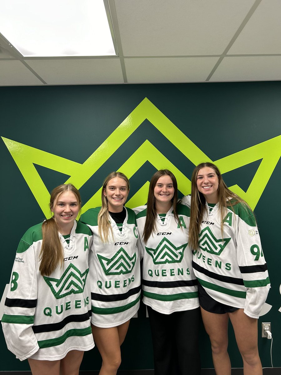 RDPQueensHockey's tweet photo. Making their debut in last night’s home opener are the 24/25 season Captains and Assistants! 👸💚

As pictured, left to right*

A : #8 Jailyn Bablitz
C : #11 Kaedence Mollin
A : #4 Kyla Hansel
A : #94 Rylee Mepham https://t.co/V7SWV7ZXw6