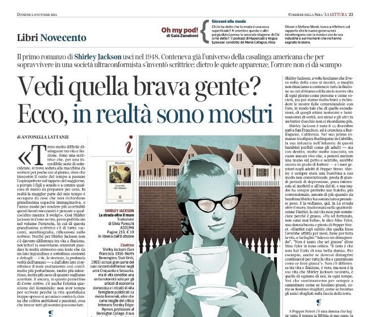 Shirley Jackson
La strada oltre il muro
Traduzione di @SilviaPareschi2 
<a href="/adelphiedizioni/">Adelphi Edizioni</a> 
Fabula, 409
2024, pp. 219

Domenica 6 Ottobre su <a href="/La_Lettura/">la_lettura</a> 
Recensione di <a href="/anto_lattanzi/">antonella lattanzi</a>