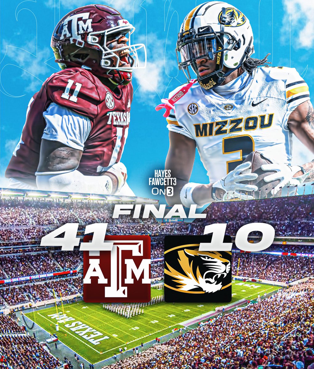 Hayesfawcett3's tweet photo. Texas A&amp;M just made a STATEMENT

The Aggies beat No. 9 Missouri 41-10 🫨 https://t.co/tgj8Q4hiyx