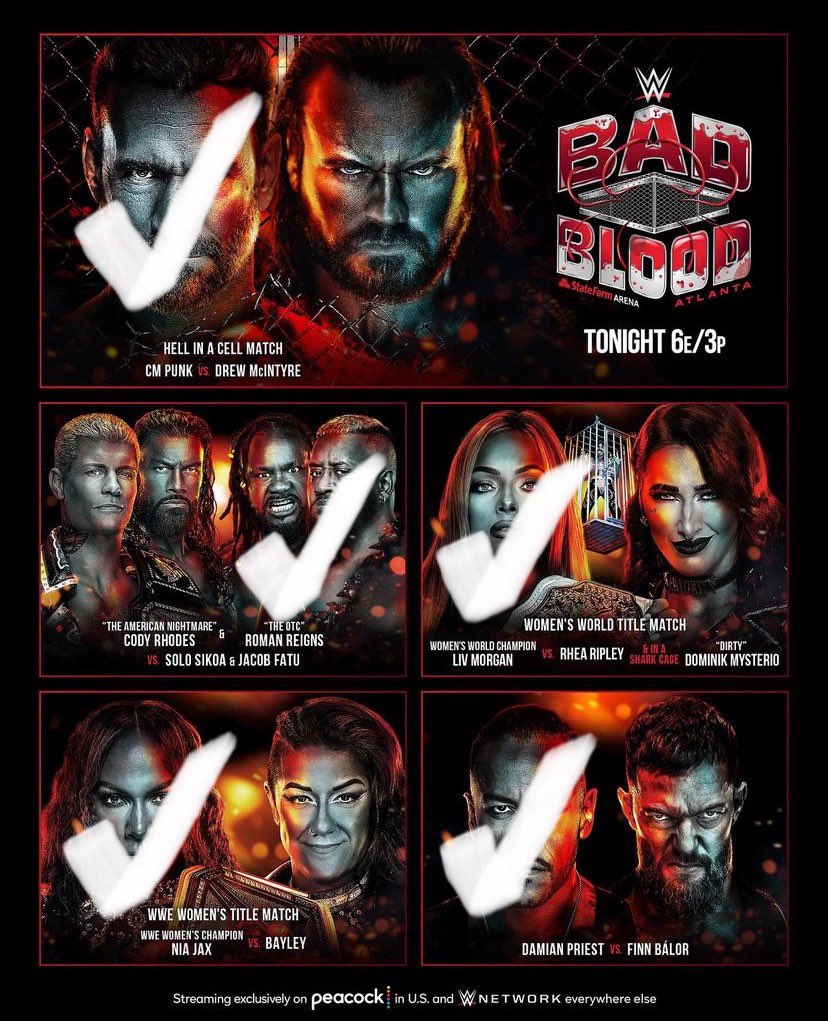 shedlemon's tweet image. My predictions for tonight’s @WWE Bad Blood PLE. #WWEBadBlood #WWE #WWENetwork