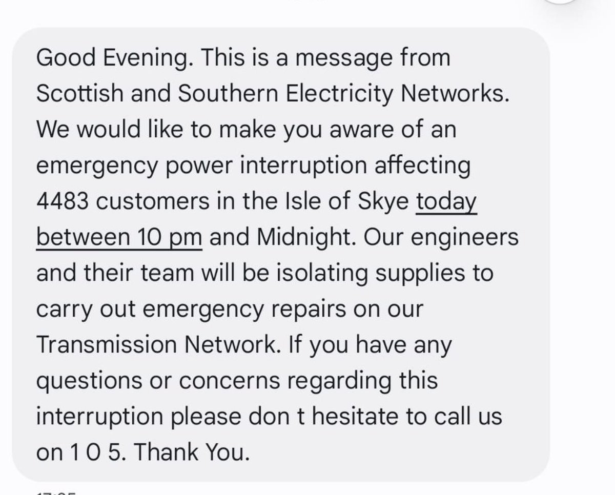 What genius at SSE thought 10pm-12am on a Saturday night is a clever time to plan a scheduled power outage for an entire island.

Ridiculous
