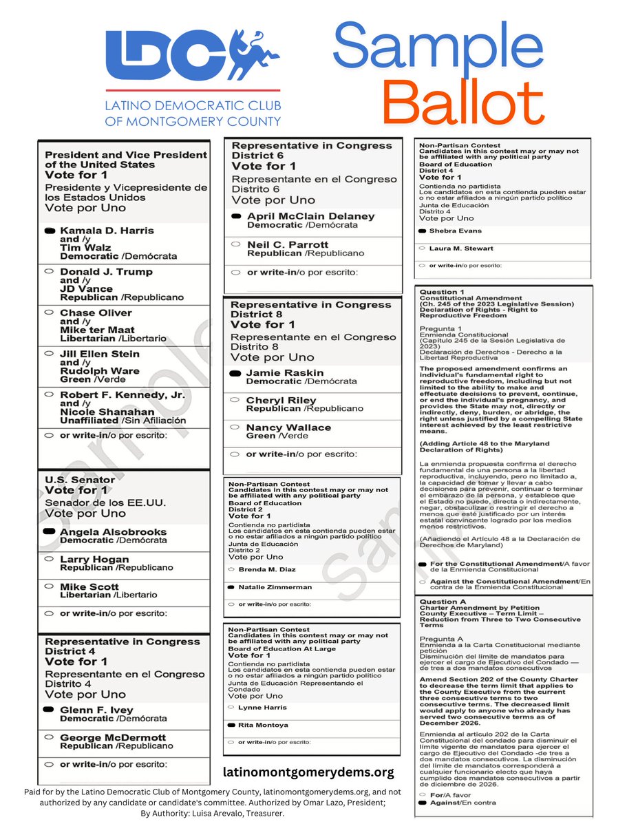 MoCo Latino Dems (@mocolatinodems) on Twitter photo Resistencia Latina Newsletter October 2024 - mailchi.mp/a08352554f62/r…
There's a lot of work until November 5th. In this month's newsletter we are providing our Sample Ballot for the November 5th Elections. Please share this with your friends, families and neighbors. Resistencia Latina Newsletter October 2024 - mailchi.mp/a08352554f62/r…
There's a lot of work until November 5th. In this month's newsletter we are providing our Sample Ballot for the November 5th Elections. Please share this with your friends, families and neighbors.