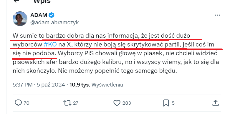 Wątek
Akcja <a href="/ArkadiuszMyrcha/">Arkadiusz Myrcha</a> 
1. Zastanawiałam się od czego zacząć.
Myślę, że ten wpis <a href="/adam_abramczyk/">ADAM</a> będzie doskonałym punktem wyjścia.
Wam się sufit na łeb zawalił, jeśli to co tu odstawiacie od wielu tygodni, a nawet miesięcy zwiecie krytyką.
Staliście się zwykłą armią ⤵️