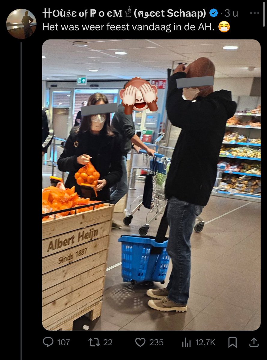 Loop je nietsvermoedend boodschappen te doen… wordt je gefotografeerd omdat je een mondkap draagt. Dodelijk vermoeiend die lui die continu anderen ridiculiseren maar zgn wel strijders voor vrijheid zijn. Vooral omdat die vrijheid dus alleen voor hen geldt.