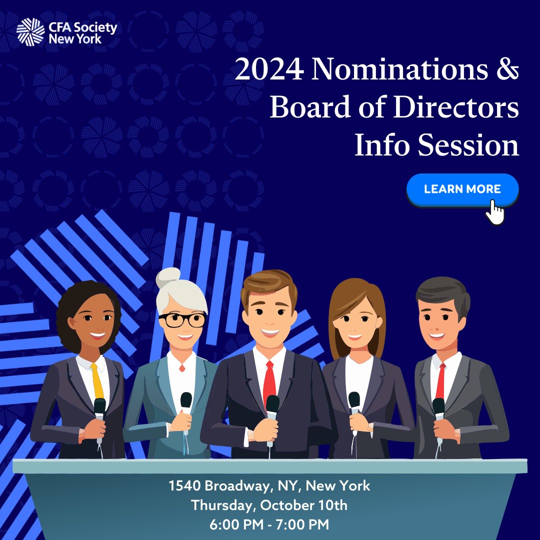 CFANewYork's tweet photo. Curious about CFA Society New York leadership? On Oct. 10th Join our "Ask Me Anything" session with the Nominations Committee to learn more!

Oct.10 Event: https://t.co/XUCB6wfXML
🔗 Apply for roles by October 31: https://t.co/ufj97mdVVT

#CFANY #BoardOpportunities #AskMeAnything https://t.co/0QvtsRTQ9q