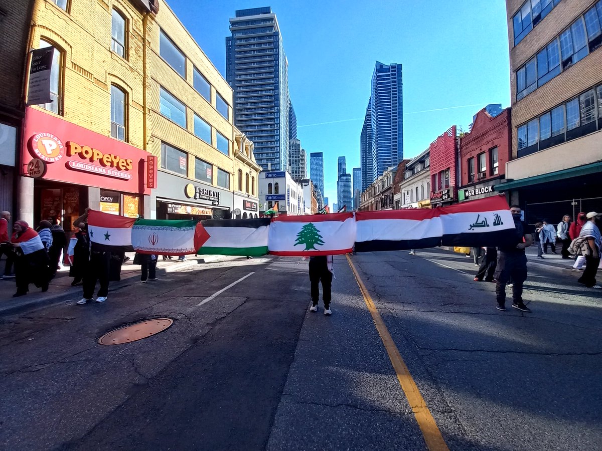 sayehri's tweet photo. Happening now in Toronto in solidarity with Palestine and Lebanon: if you really want some peace, hands off the Middle East! #StopArmingIsrael #FreePalestine #HandsOffGaza #HandsOffLabanon #IsraelTerroristState https://t.co/Iz3LrcylAX