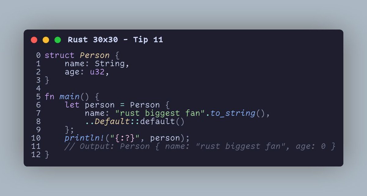 🏗️ #Rustlang Hack: Use the ..Default::default() syntax to initialize structs with some default values while customizing others.

This is also not limited to Default::default() it will work with any instance of your struct!

#Rust30by30 #Day11