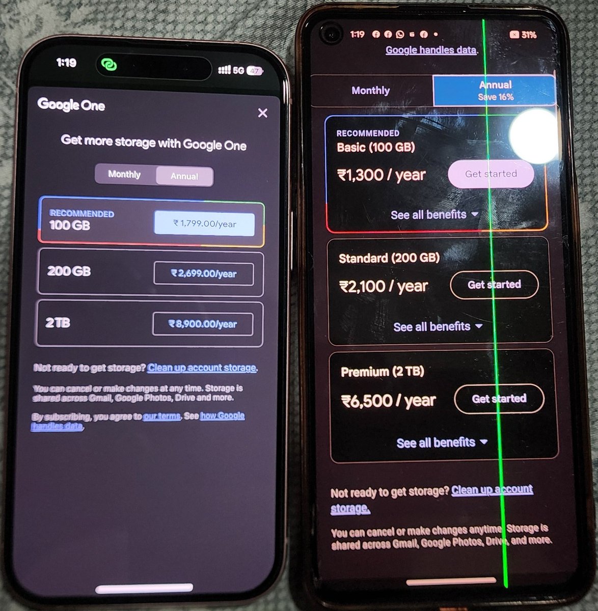 kool1449's tweet photo. Discovered something new today!
@Google @GooglePlay @googledrive @Apple charge different rates for Android and Iphone for the same storage space for the same account 🤯 https://t.co/Ci45bES5XQ