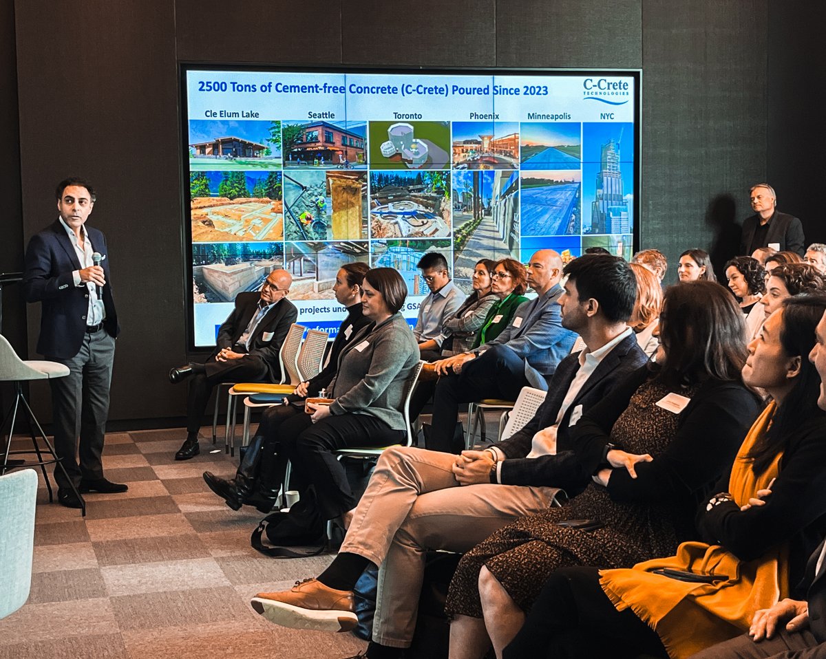 CCreteTech's tweet photo. Last week, C-Crete participated in the “Eastern US Low-Carbon Concrete Convening” in Boston, sponsored by the White House, the Natural Resources Defense Council (@NRDC), @nrmca , and @RockyMtnInst. C-Crete founder, Rouzbeh Savary, gave a talk on C-Crete’s cement-free concrete projects, highlighting those in the Northeast, and shared the stage with other low-carbon enthusiasts including Ben Myers, Jim Carreira, Beverly Craig, Patrick Grasso and Craig Dauphinais.

Returning to Boston always brings back good memories of where C-Crete was initially started and how far we have come, from reducing the carbon footprint of Portland cement to entirely eliminating it from concrete, coinciding with its 200th anniversary of use in concrete. Currently, the volume of Portland cement-free concrete that C-Crete has poured in various projects is greater than that of any other company in the world, whether small or large. 

Thanks to Andres Clarens, @FrankMruk , Anish Tilak, and others who organized this exciting event and dialogue.
