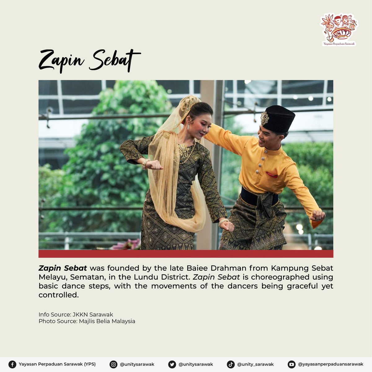 unitysarawak's tweet photo. Zapin, a dance performed throughout M'sia, holds a special place in Sarawak with its unique styles: Zapin Sebat and Zapin Sindang. Each dance step is accompanied by distinct songs, deeply rooted in cultural meaning. (1/4)
#yps #unity #perpaduan #zapin #zapinsebat #zapinsindang https://t.co/h17aRCt0kz