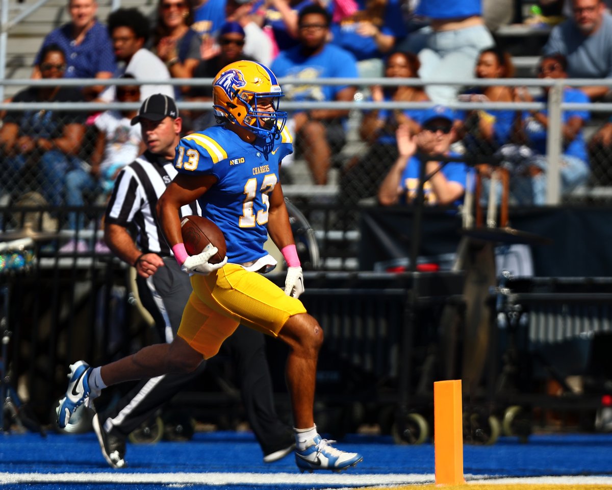 New Haven DB Ricky Encarnacion crossing the goal line for an INT-TD return, during the Chargers 56-0 win over the AIC Yellowjackets, in West Haven today. The victory puts the Chargers at 4-1 on the season going into a bye week. #football #collegefootball #ncaa