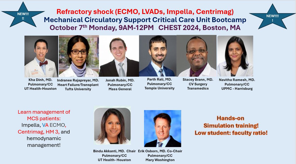 Join us on Monday for the new hands-on Refractory Shock/Mechanical Circulatory Support Bootcamp at #CHEST2024 <a href="/accpchest/">CHEST</a>!  

(Minor flyer corrections!)

#Medtwitter #ECMO

<a href="/akkanti/">Bindu Akkanti, MD.</a> <a href="/navithadev/">Navitha Ramesh MD FCCP</a> #StaceyBrann