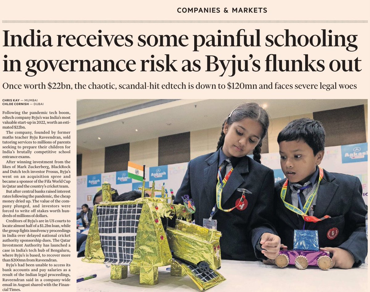 aravind's tweet image. Byju&apos;s investors: 

Blackrock
Sliver Lake
Bond
Sequoia Capital
Sands capital
Lightspeed ventures
Sofina Luxembourg
Tencent China
Verlnvest Belgium
Qatar Invest
Canada Pension Fund (Yes, pension fund!)

And it seems &quot;India&quot; got &quot;schooling in governance risk&quot;: FT racist clowns 🤡