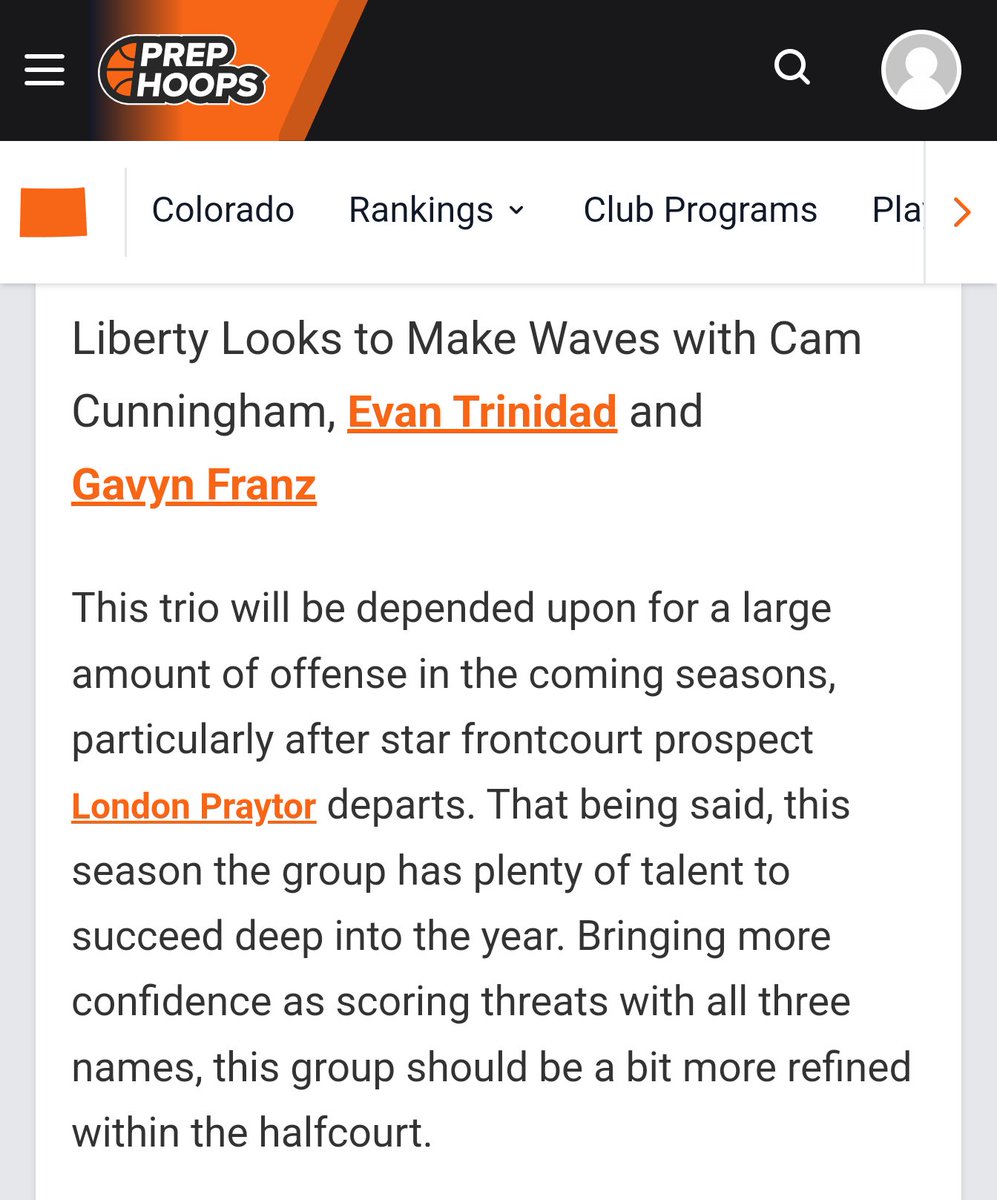Evan Trinidad (@evantnt11) on Twitter photo Shout out <a href="/claytonconover/">Clayton Conover</a> and <a href="/PrepHoopsCO/">Prep Hoops Colorado</a> for another great write-up!!
Extremely ready to kick off the season with <a href="/CoachThomas_11/">Aaron Thomas</a> and <a href="/LL_Athletics/">Liberty Athletics</a> basketball!!
<a href="/Bball_CO/">BasketballColorado</a> Shout out <a href="/claytonconover/">Clayton Conover</a> and <a href="/PrepHoopsCO/">Prep Hoops Colorado</a> for another great write-up!!
Extremely ready to kick off the season with <a href="/CoachThomas_11/">Aaron Thomas</a> and <a href="/LL_Athletics/">Liberty Athletics</a> basketball!!
<a href="/Bball_CO/">BasketballColorado</a>