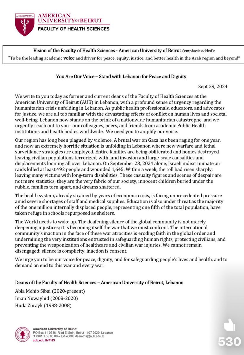 Colleagues and friends around the World, Lebanon now stands on the brink of a nationwide humanitarian catastrophe. Urgent support is needed in calling for an end to this brutal war, and to advocate for peace and dignity for all.
Please share widely.