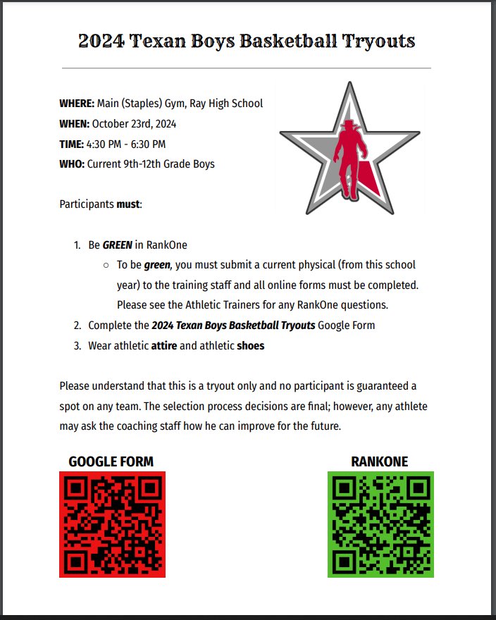 Texan 🏀 Tryouts

For more information see:

Head Coach Rushing (Room 303)
Assistant Coach Bourgeois (Room (221)