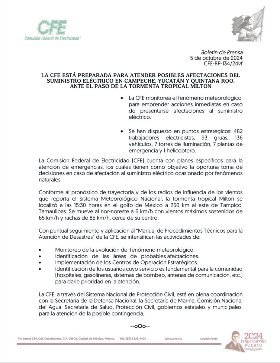 luis_bravon's tweet photo. La @CFEmx está preparada para atender afectaciones al suministro eléctrico en Campeche, Yucatán y Quintana Roo por el paso de la tormenta tropical Milton. Se ha desplegado personal y equipo en puntos estratégicos. https://t.co/dA95JmEgK4 https://t.co/UmUMwoblEn