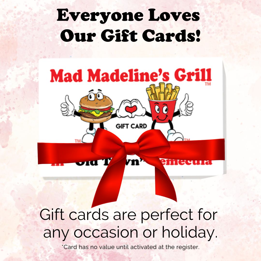 Who doesn't love a good gift card?

Treat a friend or a loved one to the deliciousness of MMG with our gift cards! Available in values from $25 to $100 and come in an adorable envelope. 

Just ask your server for more details! 

🎁🍔   #visitTemecula #OldTownTemecula #GiftCards