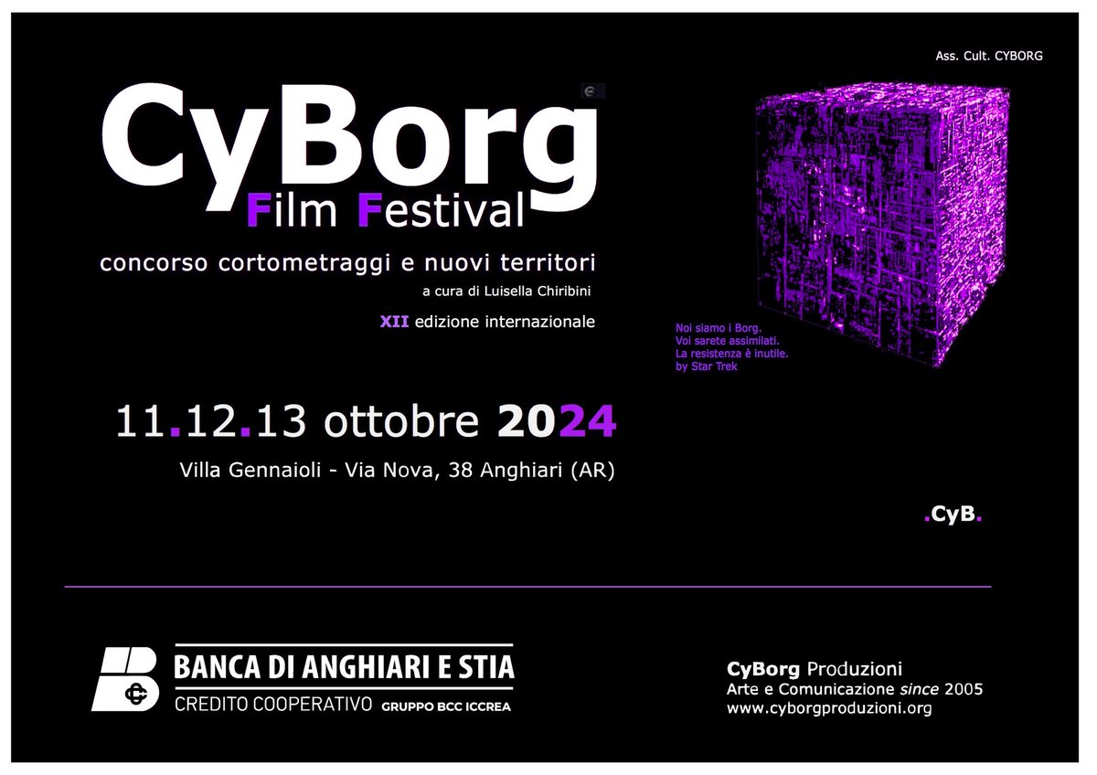 CyborgFF's tweet image. CyBorg Film Festival 
concorso cortometraggi Sci fi &amp;amp; Anime e nuovi territori 
XII international edition 11.12.13.ottobre 2024 Villa Gennaioli Anghiari (Arezzo)
cyborgproduzioni.org