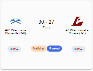RedditCFB's tweet photo. With how stacked the WIAC is there may not be such a thing as an upset, but Wisconsin–Platteville is off to a 4-0 start (first in 5 years) after taking down #3/#5 Wisconsin–La Crosse in overtime. #d3fb https://t.co/drmzl4peyC