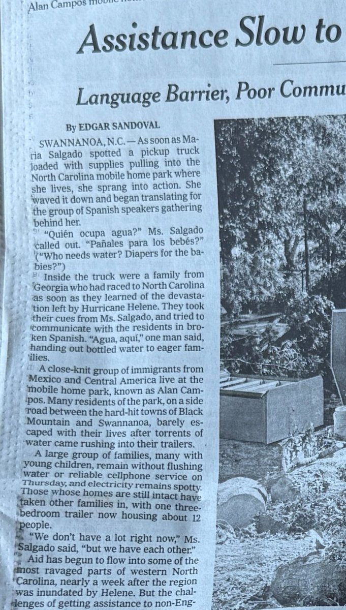 Earlier this week, Ms. Salgado stood outside her trailer and surveyed the damage. She pointed at a new white sofa she had recently purchased for $1,000, and a table that cost $300.
“All gone,” she said in Spanish. #HeleneVictims #HeleneRecovery 
nytimes.com/2024/10/03/us/…