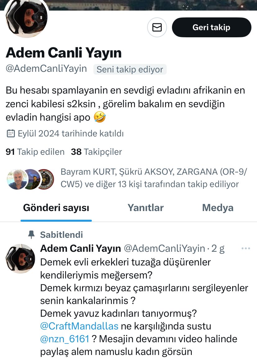 Sevgili meslektaşlarım sadece şunu söyleyim sıkıntılı bir trol ve Asb değil takipçi toplamaya çalışıyor bilginiz olsun       Ben engelledim
<a href="/IlginAli71859/">Ali Duran ILGIN</a> <a href="/HTunc43252/">Cumhuriyetin Askerleri</a> <a href="/zaferkirabal75/">ZaFeR KıRaBaL</a> @enderatr84144 <a href="/NezoNezooo/">Nezo</a> @yigerlerli06 <a href="/esra3570/">EsraEsigil💙</a> <a href="/haksianbel/">haksianbel</a> <a href="/KiraslanRamazan/">RAMAZAN KIRASLAN</a> <a href="/BayramK42664568/">Bayram KURT</a>