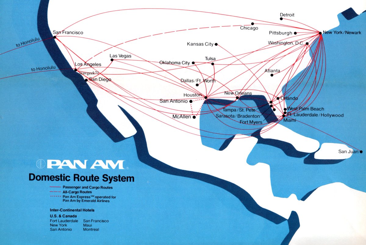 AvGeek71's tweet image. Here are PanAm&apos;s domestic and worldwide route maps from September, 1982. Houston routes were leftovers from the National merger and Emerald Airlines provided feeder service there. #airline #airlines #avgeek #avgeeks #aviation #airport #travel #PanAm