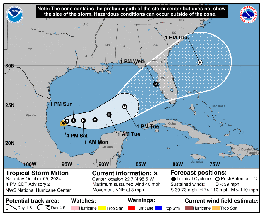 NWSCharlestonSC's tweet photo. 5 PM Sat: NHC is issuing advisories on #Milton.  Milton is expected to be a large storm with impacts extending well away from the storm's center. Southeast GA &amp; SC may experience windy conditions, rounds of rainfall, dangerous rip currents/surf, &amp; coastal flooding Wed thru Thurs. https://t.co/svknd1TUEw