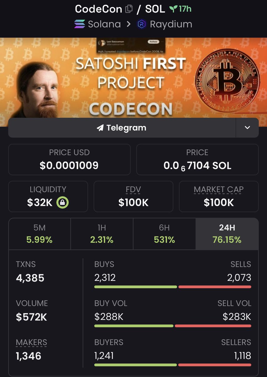 Bought some #CodeCon it’s the first project of Satoshi, bullish asf and undervalued here at 100k. <a href="/maradydd/">Meredith L. Patterson</a> tell them about this project 

351qCR4gtuLF7cARHWyxtMuvK3d1iorYiV2thTPRpump