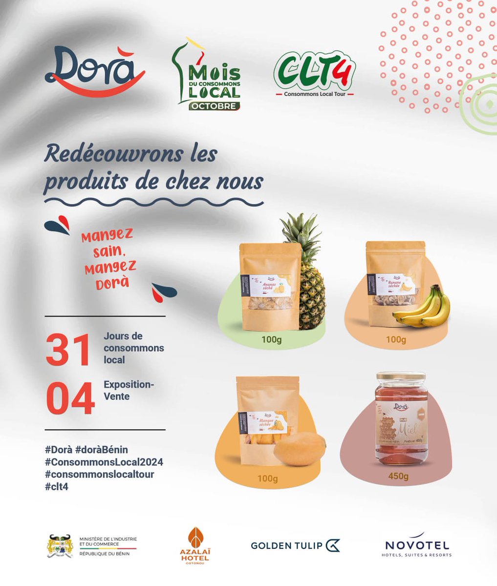 DoraBenin's tweet photo. Venez nombreux soutenir les producteurs locaux et découvrir des saveurs authentiques !

🌐: https://t.co/CLqkT9PFU0

#ConsommonsLocal #Clt4 #MadeInBenin #ExpositionVente #ProduitsLocaux #DoraBenin #Miel #Ananas #Banane #PlaceDeLAmazone https://t.co/rMoDT7gvxc