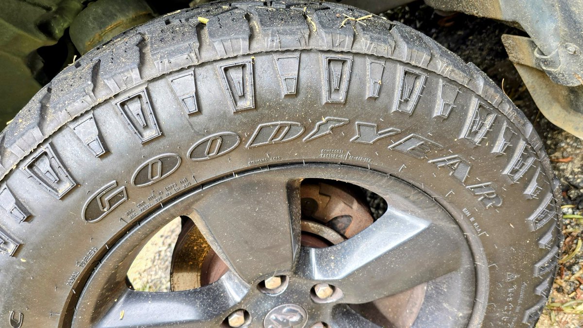 rfisherga's tweet photo. @goodyear tires are the real deal. My @RamTrucks was smothered by 2- 5ft diameter hardwoods. The right side of the truck was crushed &amp; the bed is flattened...but the Goodyears are still inflated. I'll buy these, again. https://t.co/tapl6qDhjC