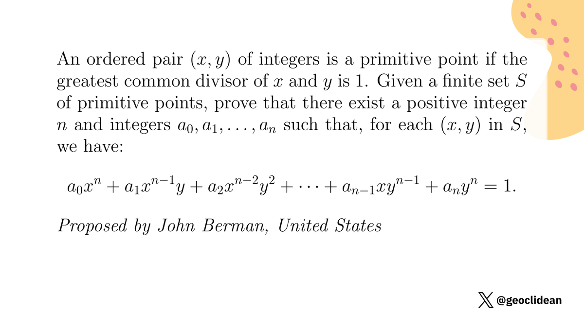 geoclidean's tweet photo. IMO 2017 Problem 6
#NumberTheory #IMO #IMO2017 #Polynomial #Equation #IMOShortlist #JohnBermanMoreLikeJAWNORZ https://t.co/0aEyUn0Mn2
