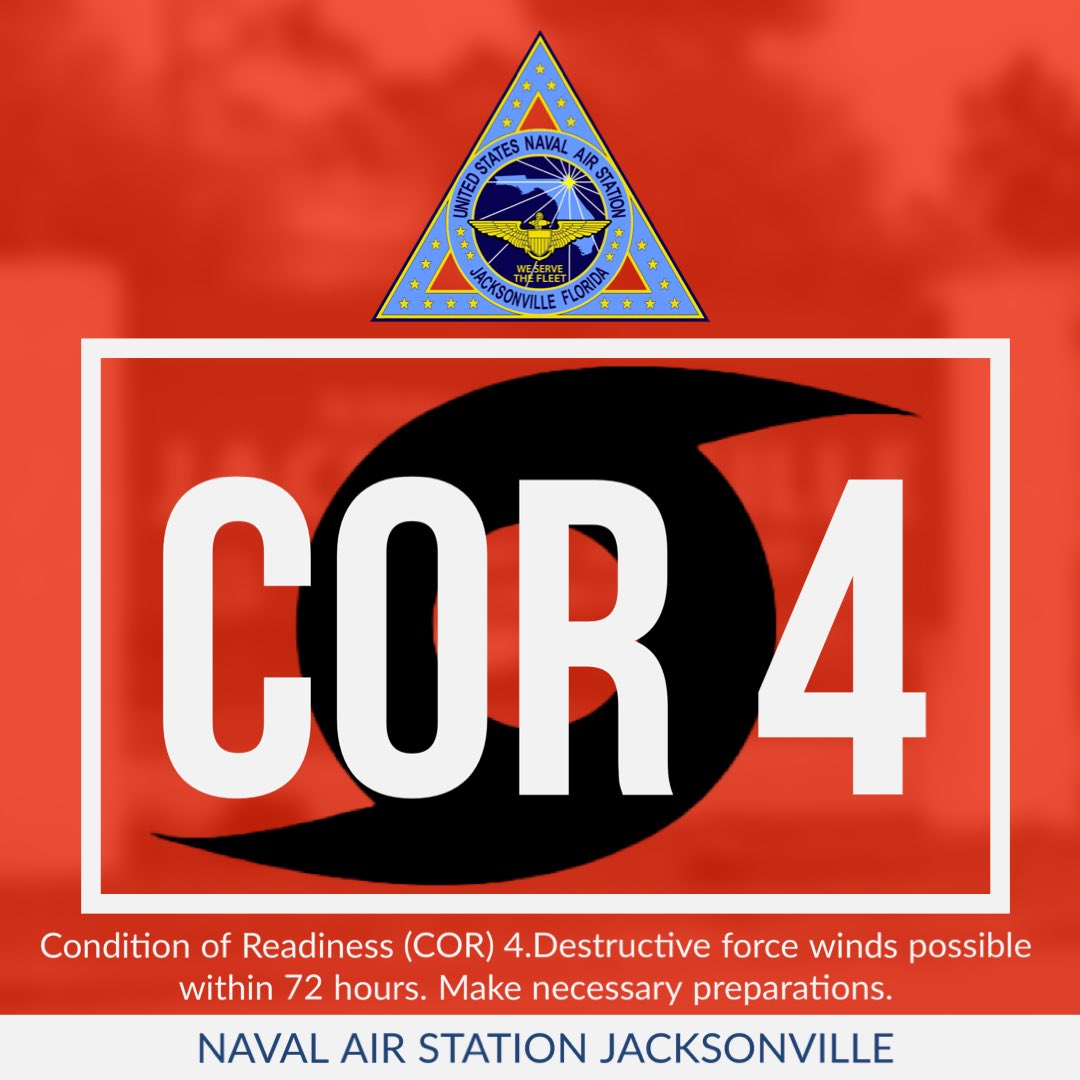 The NAS Jacksonville Commanding Officer has ordered the setting of Condition of Readiness 4 by in response to Tropical Storm Milton by 4:00 P.M. local time on Sunday October 6. #nasjax #conditionreadiness #beprepared #TropicalStormMilton