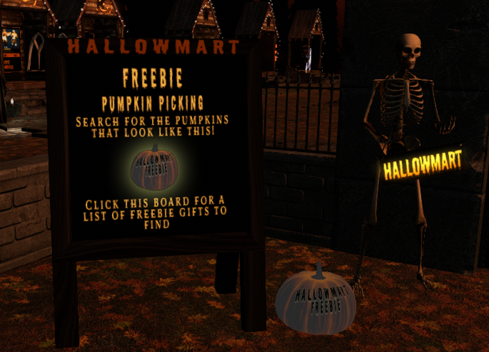 Some of our awesome creators have set out some freebie prizes! Hidden around the mart there are pumpkins ready to be picked!