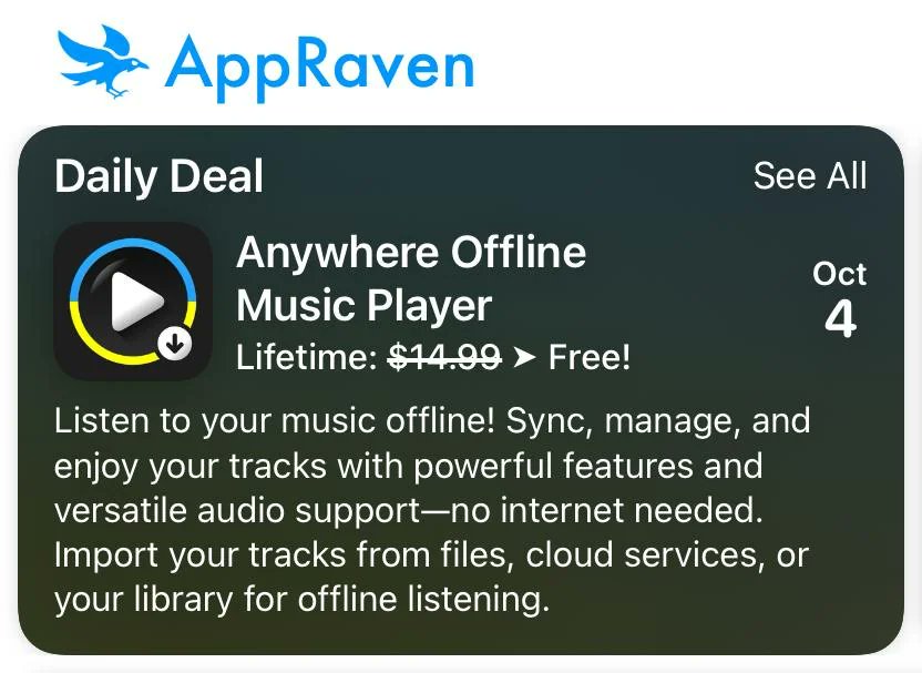 Anywhere - Offline Music Player. 
Lifetime : $14.99 -> Free!

apps.apple.com/app/anywhere-o…