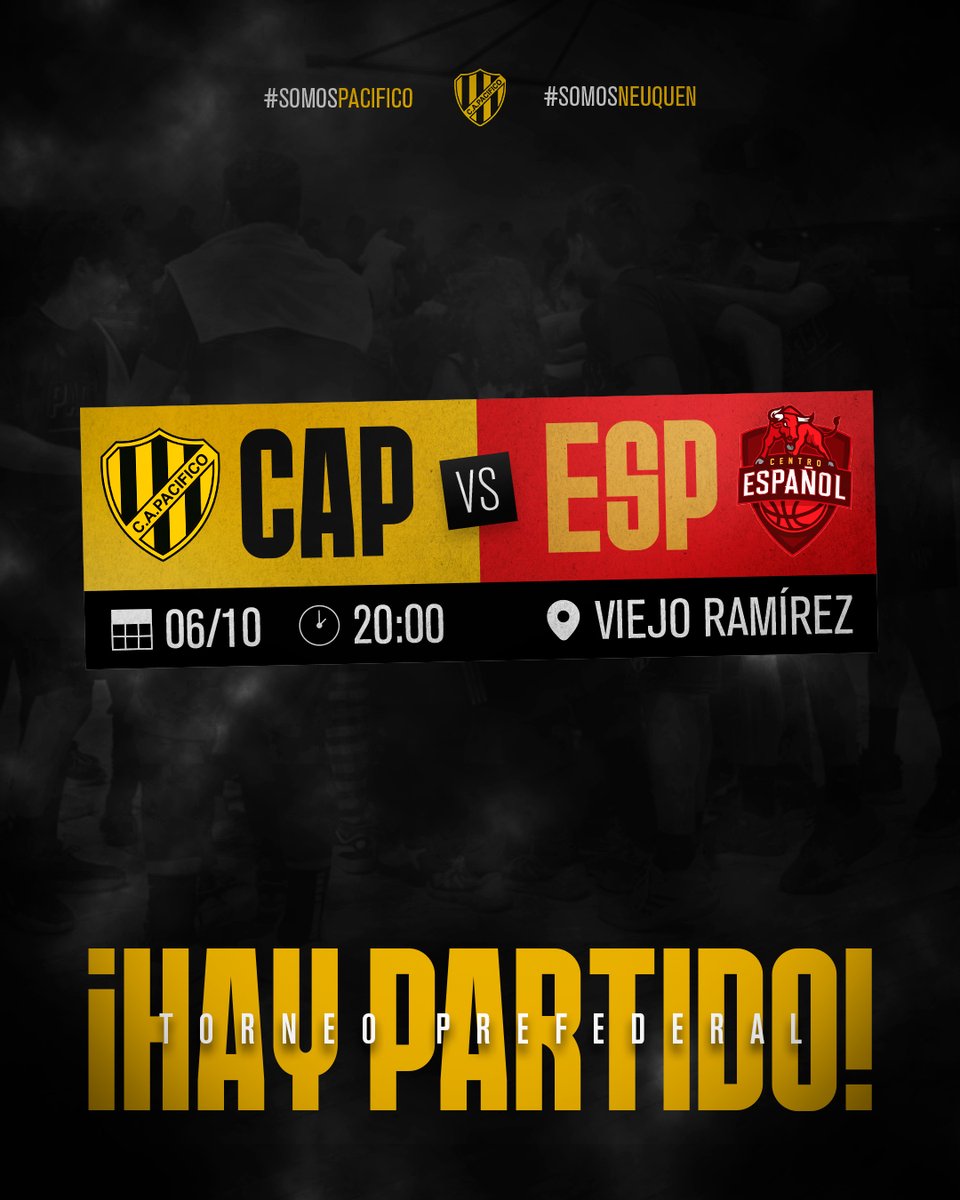 #TorneoPrefederal

¡Recibimos a Español en el Viejo Ramírez! 🔥

🆚 Centro Español
📆 06.10 ⏰ 20:00 HS.
🏟️ Viejo Ramírez
📍 Juan B. Alberdi 355

#SomosPacifico 💛🖤
#SomosNeuquen 👊