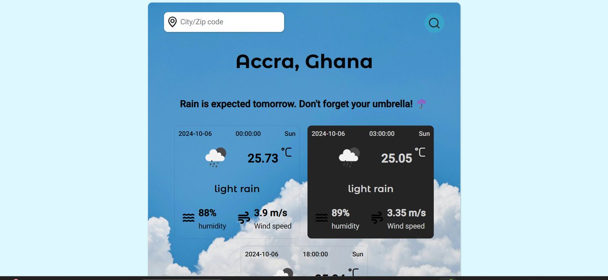 ben_code3's tweet image. 🚀Excited to launch my Weather App! 🌤️ Check the weather &amp;amp; predict tomorrow&apos;s rain with just a few taps! ☔️ Built with Node.js, Express, Axios &amp;amp; EJS.
Huge thanks to @yu_angela &amp;amp; @klogoselorm for the lessons &amp;amp; inspiration!🙌Try it out: weather-app-r5fk.onrender.com 😊
#100DaysOfCode