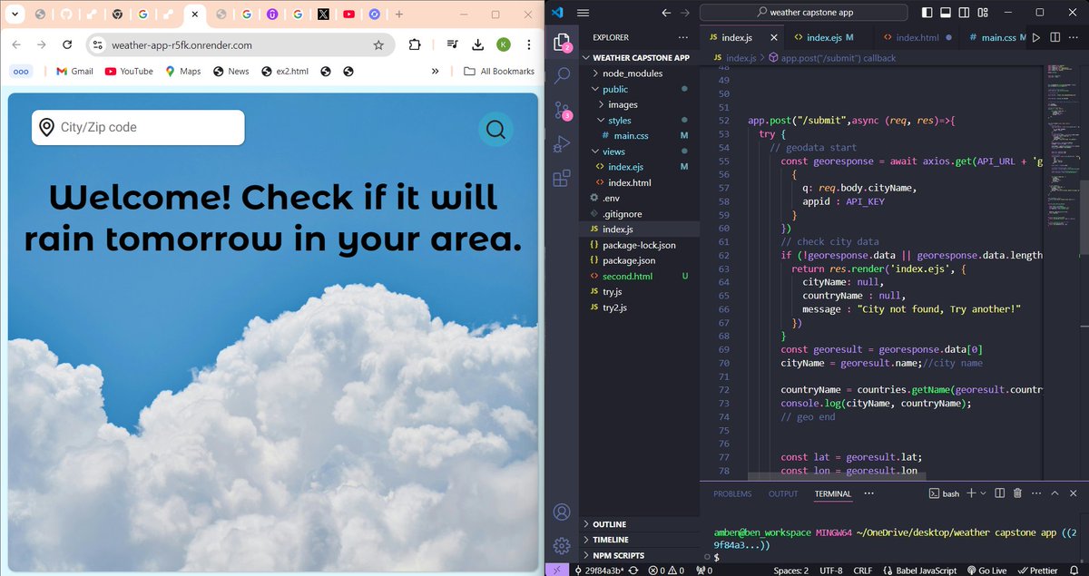 ben_code3's tweet image. 🚀Excited to launch my Weather App! 🌤️ Check the weather &amp;amp; predict tomorrow&apos;s rain with just a few taps! ☔️ Built with Node.js, Express, Axios &amp;amp; EJS.
Huge thanks to @yu_angela &amp;amp; @klogoselorm for the lessons &amp;amp; inspiration!🙌Try it out: weather-app-r5fk.onrender.com 😊
#100DaysOfCode