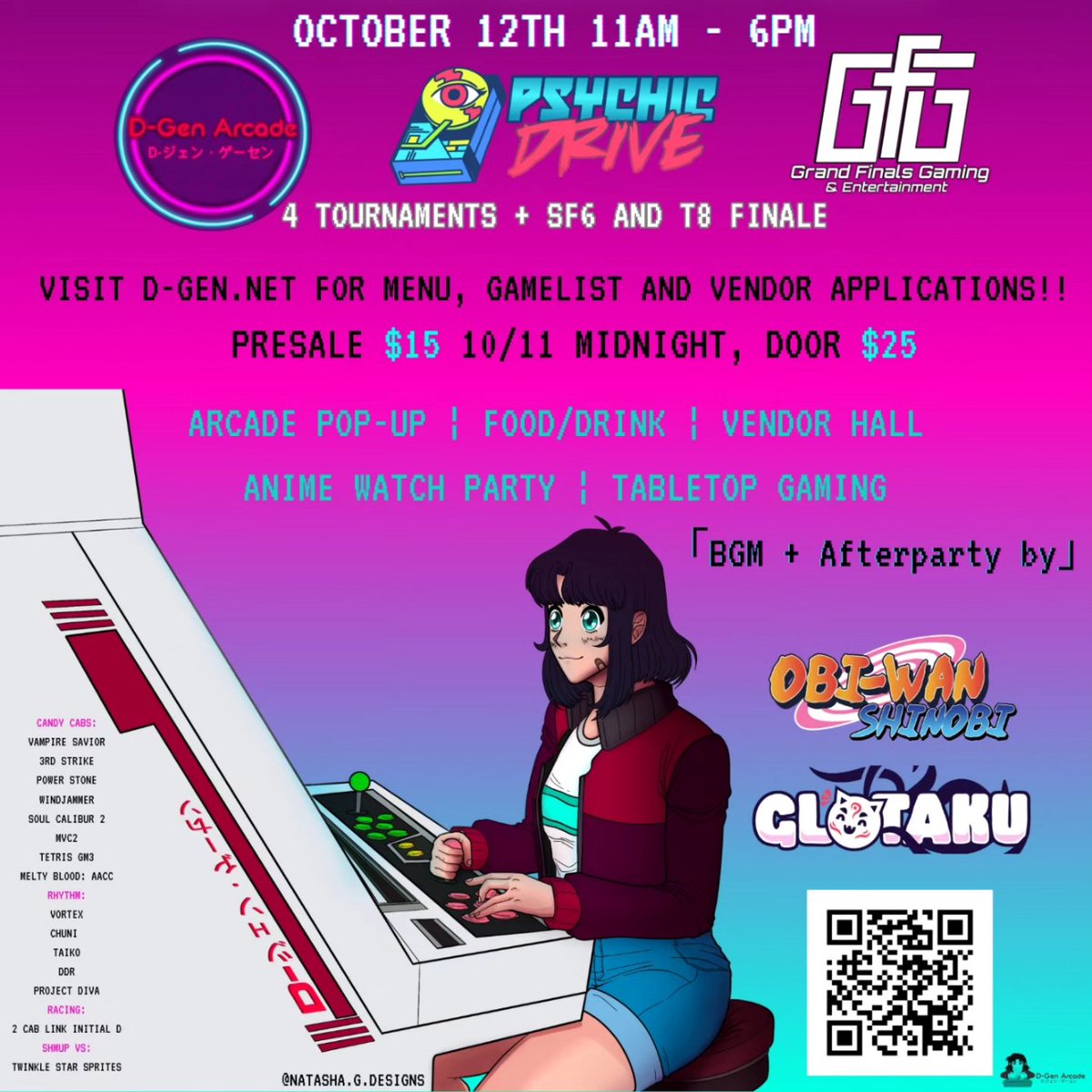 DGen_Arcade's tweet image. We'll be dropping our first shirt at River City Rush on October 12th! Come out and enjoy yourself at our first arcade pop-up!
Get tickets: d-gen.net