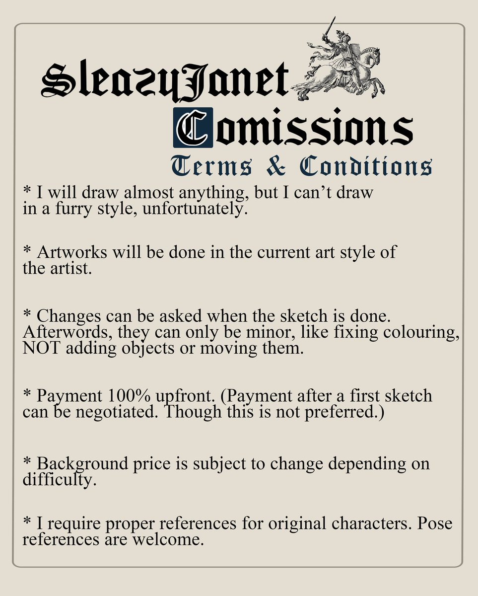 sleazyjanet's tweet image. new and improved COMMISSION SHEET (made with @idonsul's help, thank you so much)
- payment via PAYPAL
- contact via dms or via email: agachorabik@gmail.com