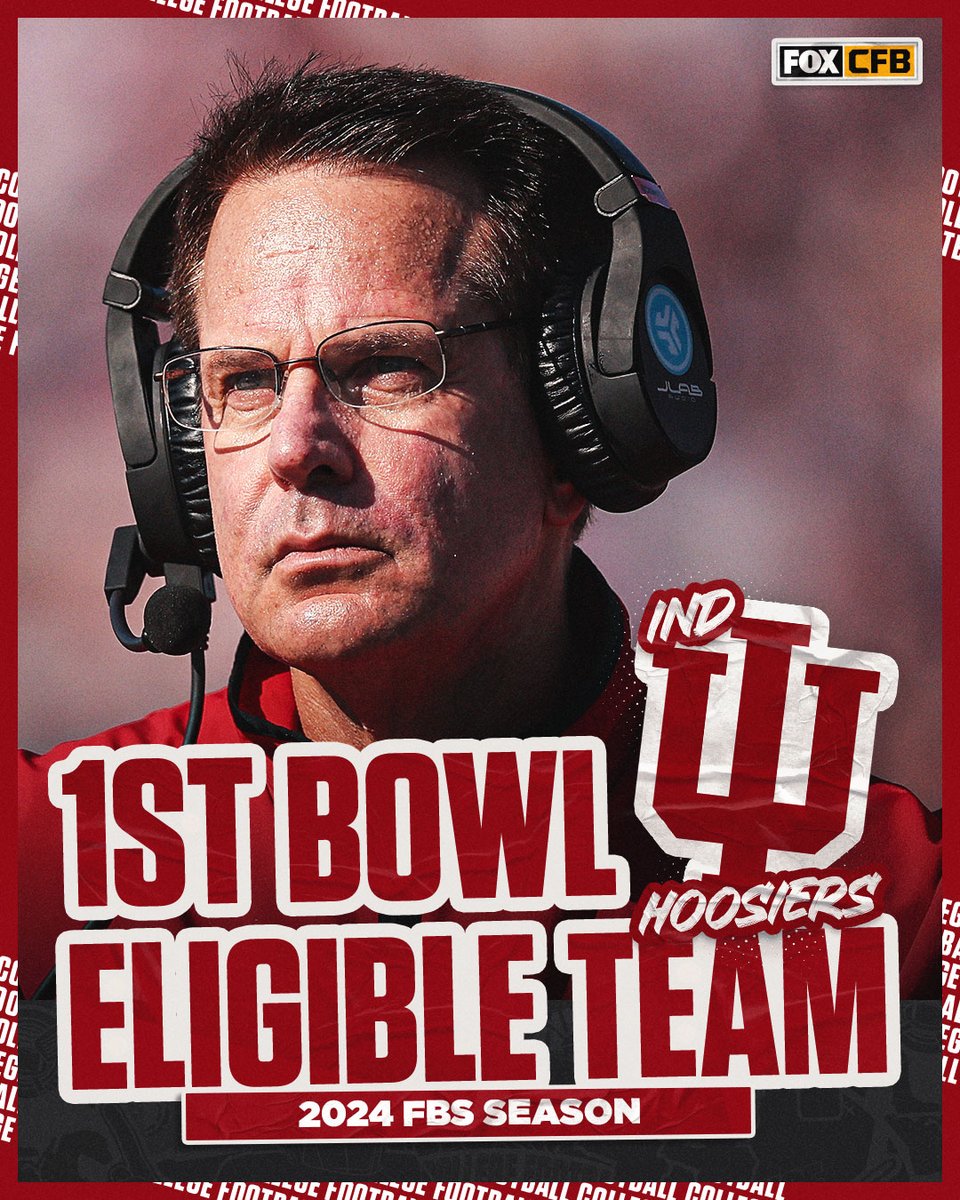 FOX College Football (@cfbonfox) on Twitter photo The Hoosiers are the first bowl-eligible team of the 2024 FBS season! 🙌
<a href="/IndianaFootball/">Indiana Football</a> x <a href="/IUHoosiers/">Indiana Hoosiers</a> The Hoosiers are the first bowl-eligible team of the 2024 FBS season! 🙌
<a href="/IndianaFootball/">Indiana Football</a> x <a href="/IUHoosiers/">Indiana Hoosiers</a>