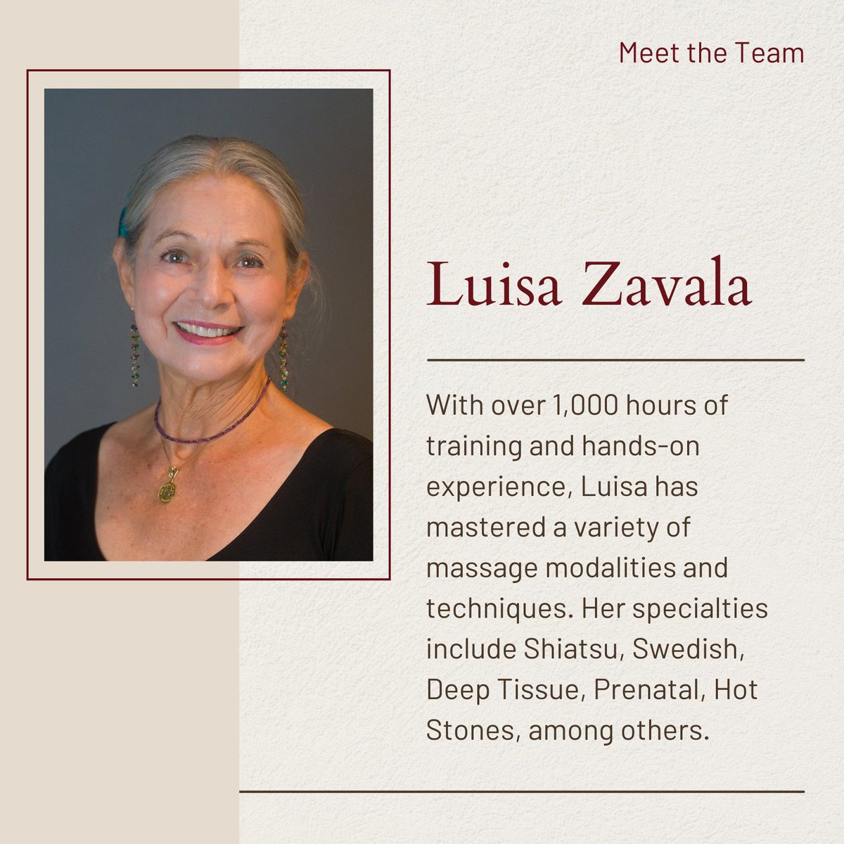 BirdRockMassage's tweet photo. Meet Luisa! 🌟

With more than 1,000 hours of hands-on training, she’s mastered an array of massage techniques.

From Shiatsu and Swedish to Prenatal, Reiki, and Ayurvedic Massage, Luisa brings her expertise to every session. https://t.co/WTTElcospQ