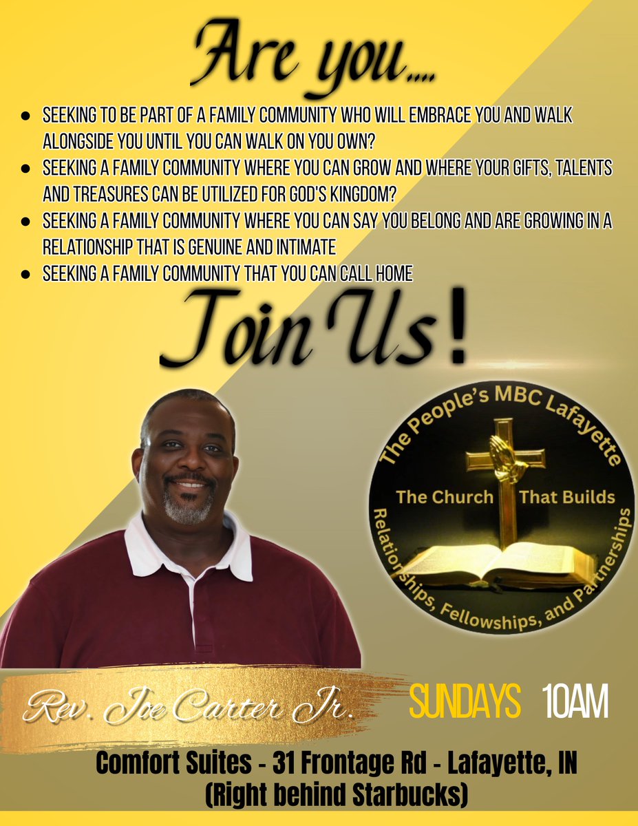Come and be our guest tomorrow. If you are looking for a church home, a place where you can call home, a place where you know you belong, we invite you to join us tomorrow at 10am at Comfort Suites, located at 31 Frontage Road just off state road 26. 
#lafayette 
#BoilerUp