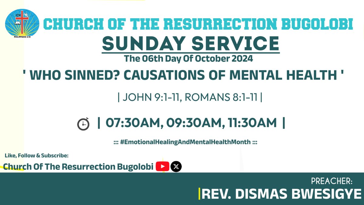 CBugolobi's tweet photo. Beloved, you are welcome to worship with us at any of your service choice, as #RevDismasBwesigye our preacher of the day, takes us through our theme #CausationsOfMentalHealth from #John9
Come with a friend as we unwrap this very key topic..
God richly bless you
Shalom .... https://t.co/LElxEmebJ3
