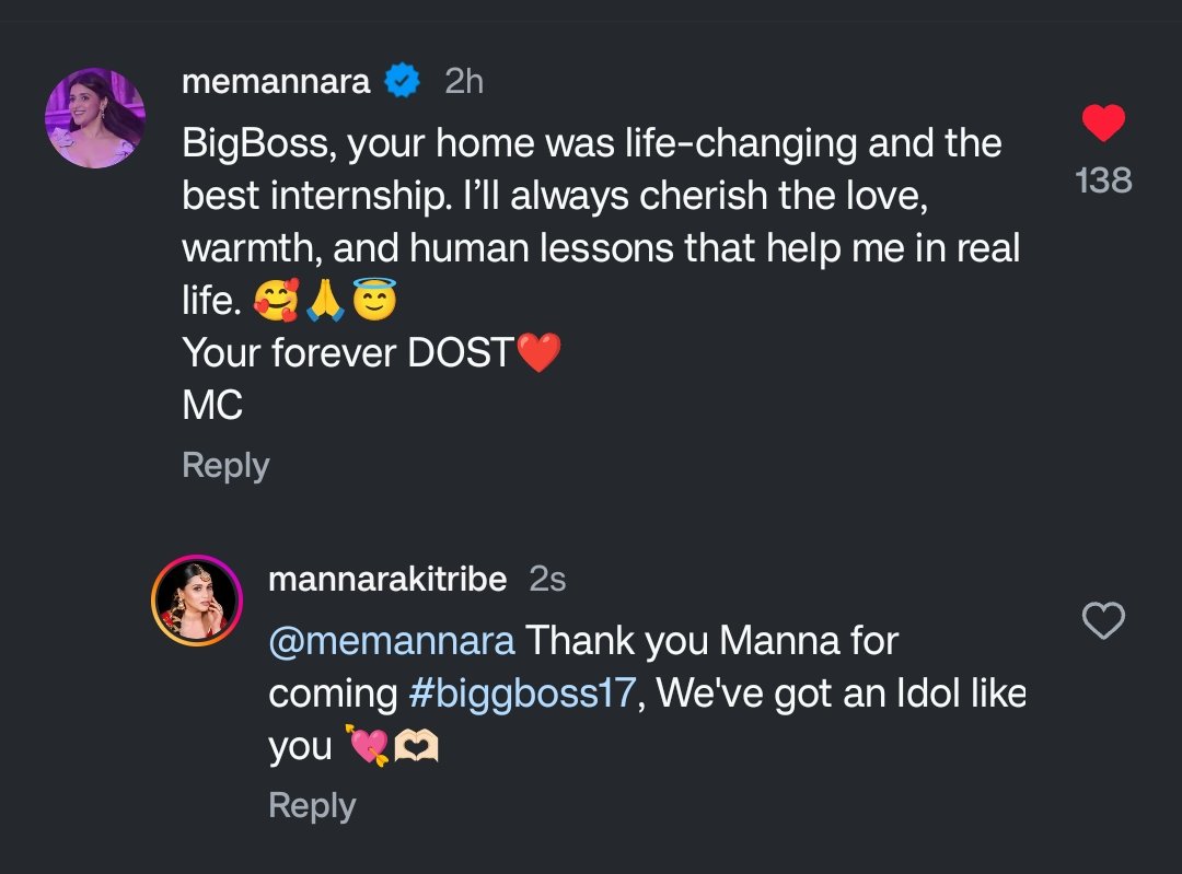 MannaraKiTribe's tweet photo. @BiggBoss @JioCinema #BiggBoss17 Queen ๐ธ, #BiggBoss ki dost, most strongest, most entertainer of the season, We are lucky to have you girlie ๐
THANK YOU for everything ๐ซ There is no one like you, you are the BEST ๐ธโค๏ธ
#BiggBoss #MannaraChopra #BiggBoss #BBNara #BiggBoss18 #MannaraKiTribe https://t.co/Lva5WrFBWI