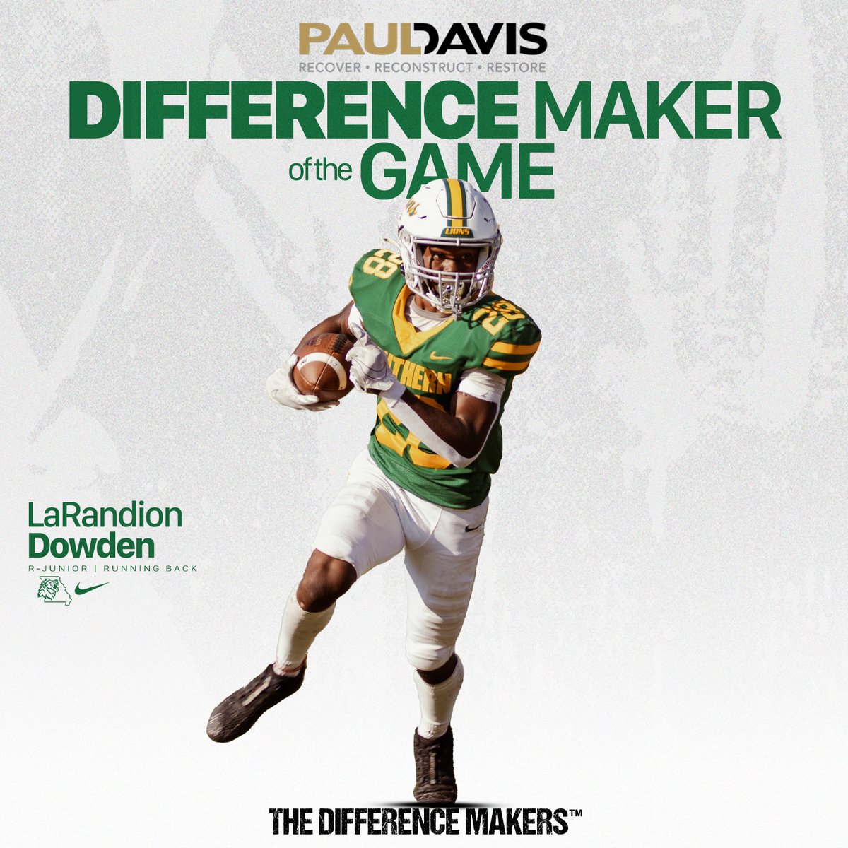 The Lions running back LaRandion Dowden was named the Difference Maker of the Game, presented by Paul Davis Restoration, against University of Central Oklahoma 🦁